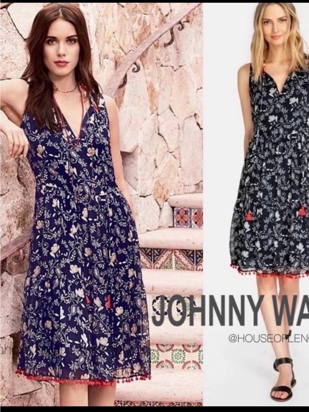 Jade Navy Floral V-Neck Midi Dress with Red Trim